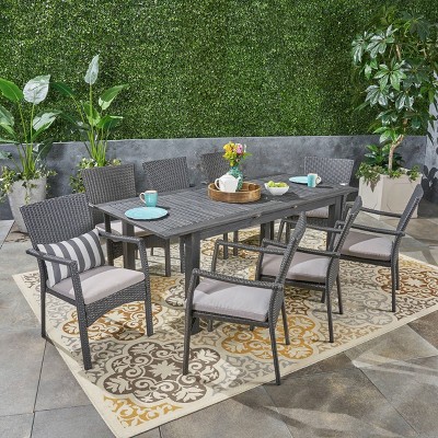 Davenport 9pc Wood and Wicker Expandable Dining Set Dark Gray/Gray - Christopher Knight Home