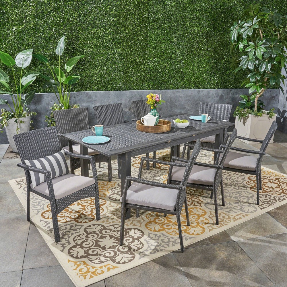 Photos - Garden Furniture Davenport 9pc Wood and Wicker Expandable Dining Set Dark Gray/Gray - Chris