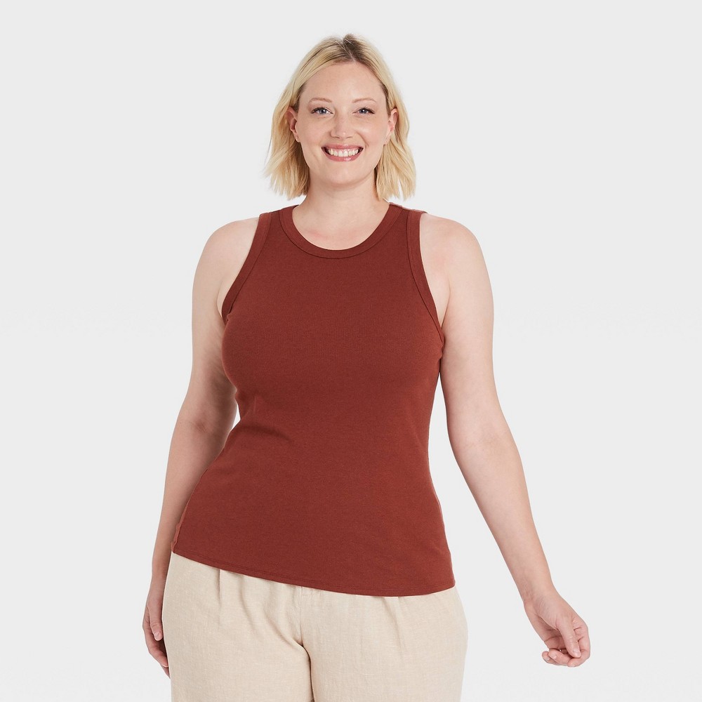 Size 2X Women's Plus Size Slim Fit Rib Tank Top - A New Day Brown 2X