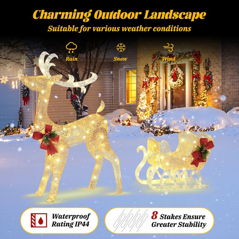 Costway Lighted Christmas Reindeer & Sleigh, Outdoor & Indoor Decoration W/ 100 Lights, 5 of 11