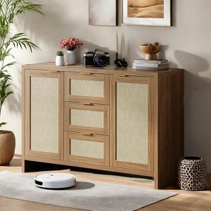 Acekool 47" Modern Rattan Sideboard Buffet Cabinet with Drawers & Doors, Boho Storage Credenza Console for Entryway, Living Room, Natural Oak Color - 1 of 4