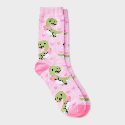 Women's Dinosaur Valentine's Day Crew Socks - Light Pink 4-10