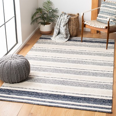 Ivory and Navy Striped Kilim 5' x 8' Handwoven Wool Rug