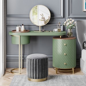 POVISON Modern Makeup Vanity Table With LED Lighted Mirror, Dressing Table with Movable Tray Top, 3 Solid Wood Drawer, Without Stool, 43", Green - 1 of 4