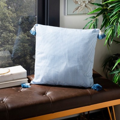 Blue and White Square Embroidered Decorative Pillow with Tassels