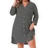 Agnes Orinda Women's Plus Size Stripe Button Down 3/4 Sleeve Side Slits Soft Lounge Midi Nightshirt with Pocket - 2 of 4