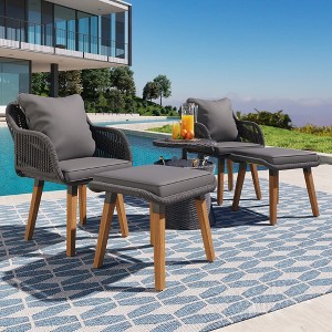 5 Piece Outdoor Patio Furniture Set, Wicker Outdoor Conversation Set With Bar Table and Ottomans, Cushioned Patio Chairs for Poolside Backyard - 1 of 4