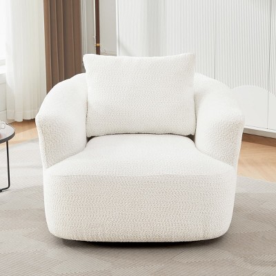 Modern Beige Upholstered 38.2" Swivel Accent Chair with Rounded Arms and Pillow for Living Room or Office Seating-Maison Boucle