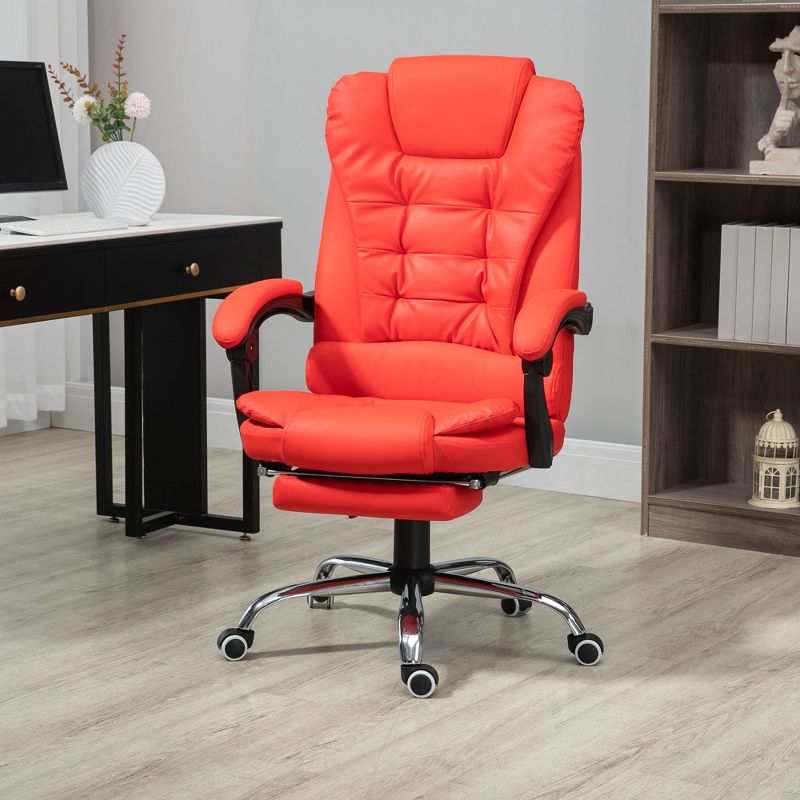 HOMCOM High-Back Executive Office Chair with Footrest, PU Leather Computer Chair with Reclining Function, Armrest, Red, 2 of 7