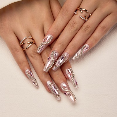 YEVYO Press On Nails Long - French Rhinestone Square Bling Glossy for Women and Girls On Fake Nails - Purple - 10 Pcs