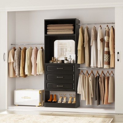 Aheaplus 8 FT Wooden Closet System with Mirror and Hanging Rods, Closet Organizer Storage with Drawer