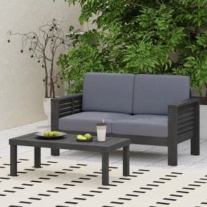 Christopher Knight Home Louver Outdoor Acacia Wood Loveseat and Coffee Table Set with Cushions - 1 of 4