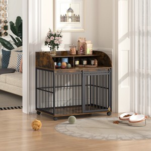 Wooden Dog Crate Furniture with Lockable Wheels Large Dog Kennel End Table with Double Layer Storage for Medium to Large Dogs- LAOTIES - 1 of 4