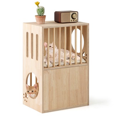 Tangkula 2-tier Wooden Cat Condo Indoor Symmetrical Cat House w/ Removable Cushions