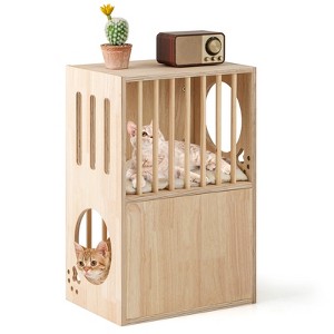 Tangkula 2-tier Wooden Cat Condo Indoor Symmetrical Cat House w/ Removable Cushions - 1 of 4
