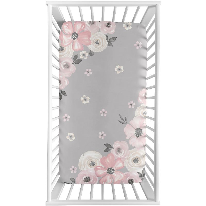 Sweet Jojo Designs Girl Photo Op Fitted Crib Sheet Watercolor Floral Grey and Pink, 3 of 6