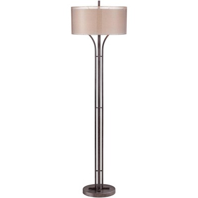 Franklin Iron Works Modern Floor Lamp Bronze Metal Sheer Brown and Textured Linen Double Drum Shades for Living Room Reading