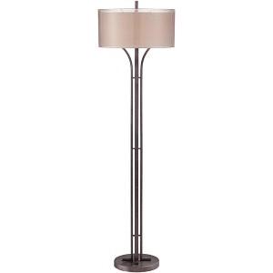 Franklin Iron Works Tristan Modern Floor Lamp 64" Tall Deep Bronze Metal Sheer Outer Linen Inner Double Drum Shade for Living Room Bedroom Office Home - 1 of 4
