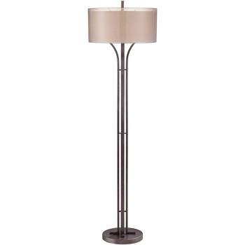 Franklin Iron Works Tristan Modern Floor Lamp 64" Tall Deep Bronze Metal Sheer Outer Linen Inner Double Drum Shade for Living Room Bedroom Office Home