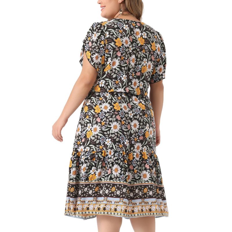 Agnes Orinda Women's Plus Size Summer Boho Casual V Neck Short Sleeve Floral Print Beach Midi A Line Dress, 4 of 6