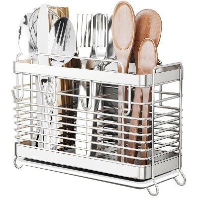 LunaLulinlk Utensil Holder for Kitchen Counter, Stainless Steel Utensil Drying Rack for Countertop with 3 Compartments, Drain Tray