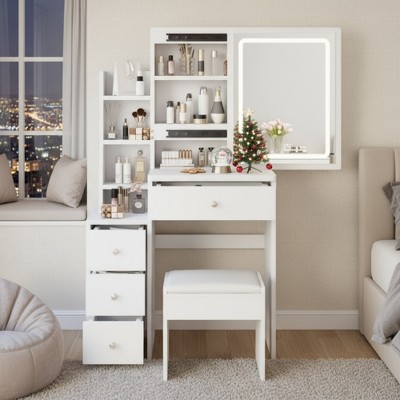 FONTOI 29.2"W Makeup Vanity Table Desk with Mirror Cushioned Stool Sliding Storage for Woman Bedroom Dressing Room, White