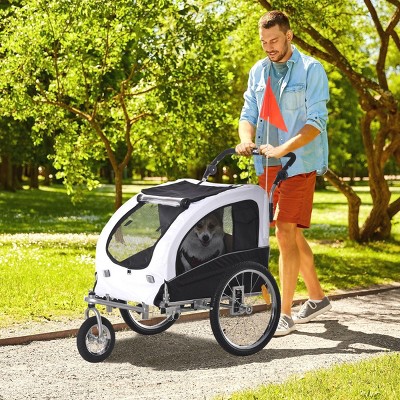 2 in 1 Dog Bike Trailer and Pet Stroller with Canopy Storage Pockets and Large Wheels,Foldable Bike Cart for Medium Dogs - LAOTIES