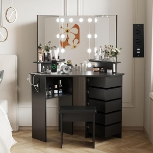 Garvee Makeup Vanity Desk with Mirror, Corner Vanity Desk with Stool, Vanity Table with 5 Rotating Drawers,Black - 1 of 4