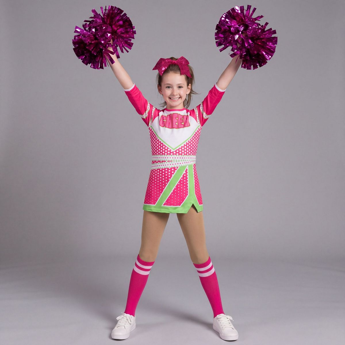 Joyfy Halloween Costume Cheerleader Set for Girls, Pink Sparkly Dress with Pom Poms, Hair Bow & Stockings – Cheerleader Outfit for Dress Up Party