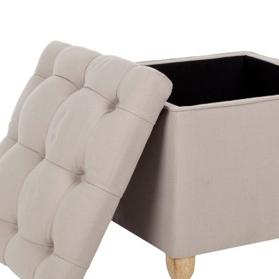 Joanie Beige Tufted Linen Ottoman with Pickled Oak Legs