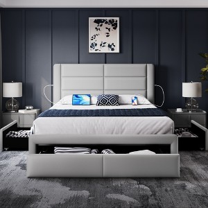 Yaheetech Upholstered Bed Frame with 3 Storage Drawers and Built-In USB Ports - 1 of 4