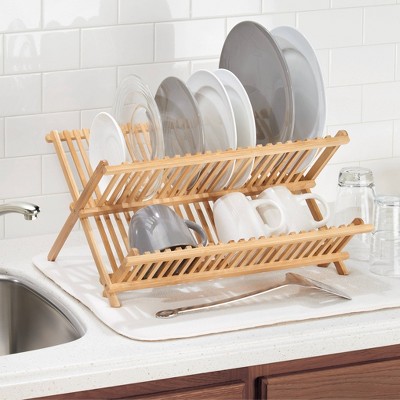 iDesign Bamboo Foldable Two-Tier Dish Drying Rack