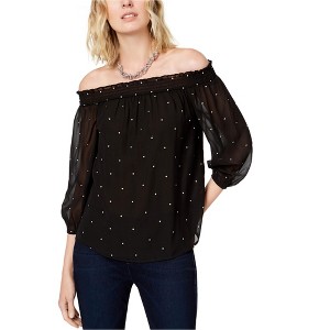 I.N.C International Concepts Womens Embroidered Dot Print Off the Shoulder Blouse, Black, Medium - 1 of 1