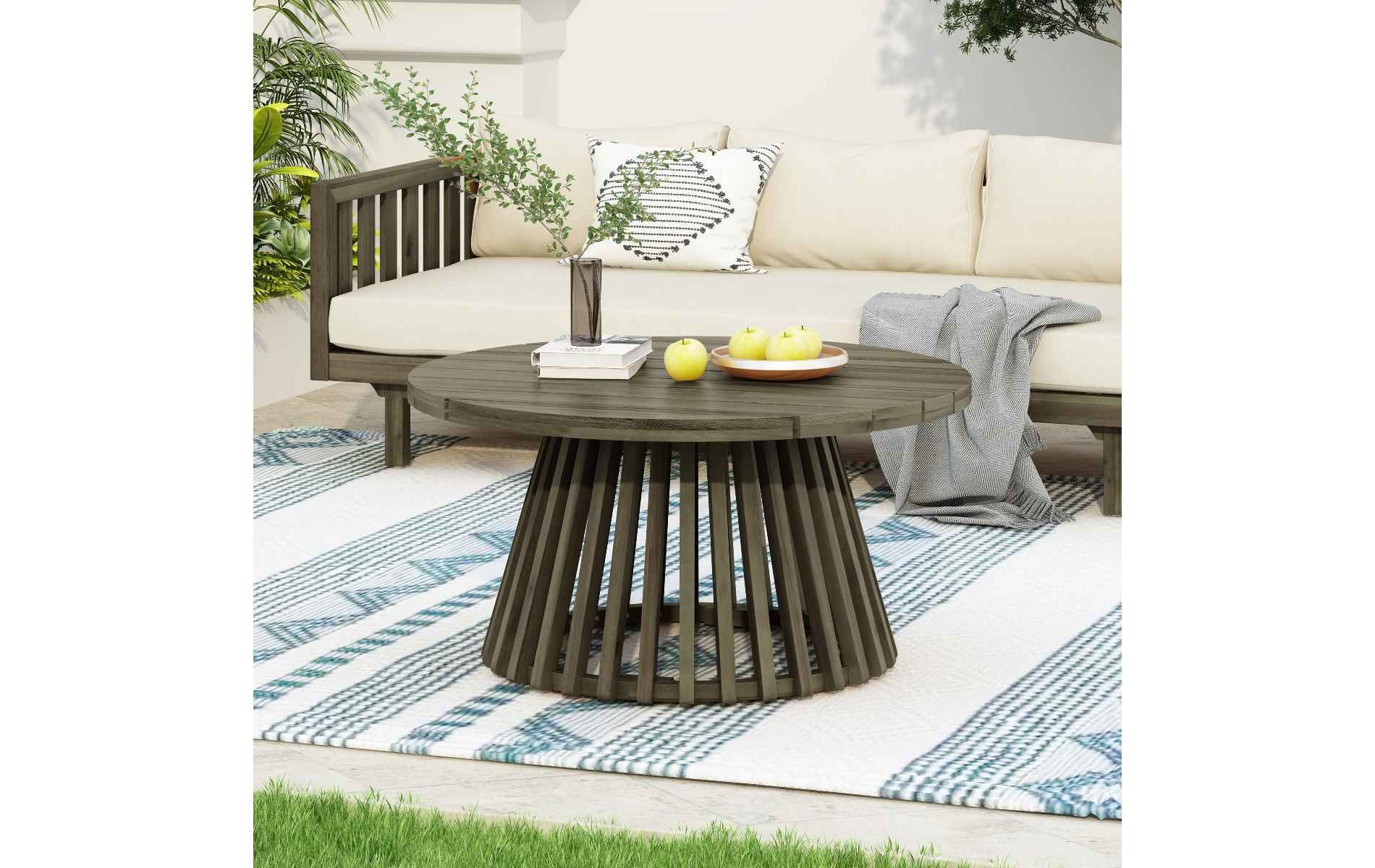 Round Patio Coffee Table, Gray Stylish Design Coffee Table with Slatted Base, Weather-Resistant Table with Acacia Wood Frame-Coolbibila