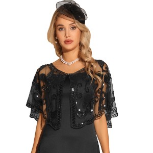 Allegra K Women's Sequin Beaded Bridal Cover-Up Evening Cape Flapper Bolero - 1 of 4