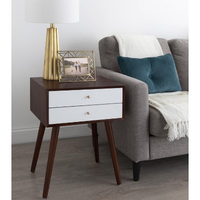 Midcentury Modern Walnut Brown and White Side Table with Storage