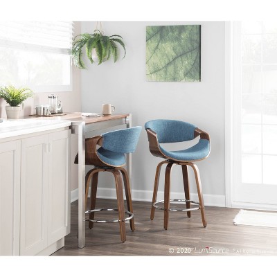 Curvini 20.5'' Walnut Wood and Blue Fabric Swivel Counter Stool - Set of 2