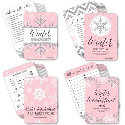 Big Dot of Happiness Pink Winter Wonderland - 4 Holiday Snowflake Birthday Party and Baby Shower Games - 10 Cards Each - Gamerific Bundle