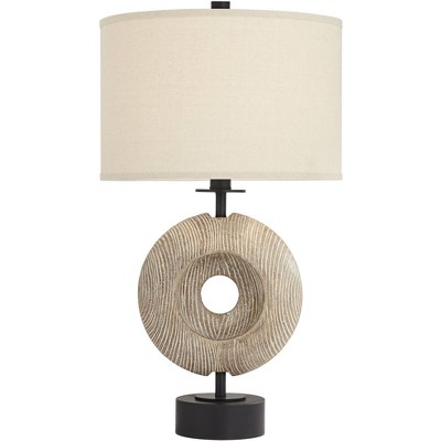 Possini Euro Design Modern Ring 30" Tall Large Coastal End Table Lamp USB Port Brown Faux Wood Finish Single White Shade Living Room Charging Bedroom