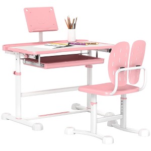Qaba Kids Desk and Chair Set, Height Adjustable Study Desk and Chair Set with Tilt Desktop & Storage for Writing Reading and Drawing - 1 of 4