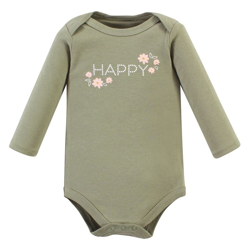 Hudson Baby Infant Girl Cotton Long-Sleeve Bodysuits, Sage Floral Wreath 5 Pack, 5 of 8