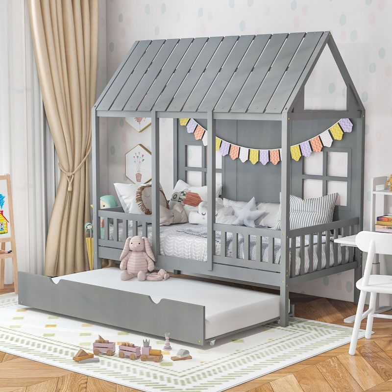 Tangkula Twin Size House Bed with Trundle Fence Decor Wooden Windows Tall Roof Gray, 3 of 10