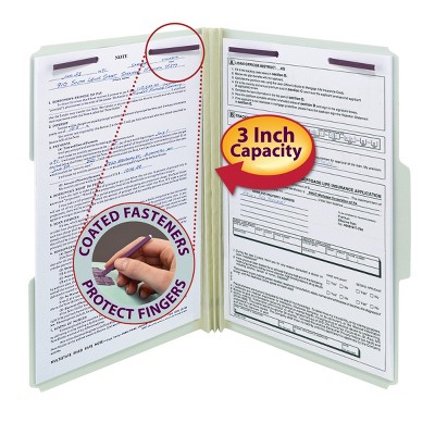 Smead Pressboard File Folder with SafeSHIELD  Fasteners, 2 Fasteners, 1/3-Cut Tab, 3" Expansion, Legal Size, Gray/Green 25 per Box (19944)