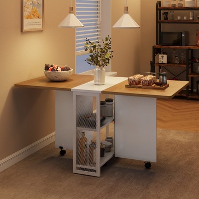 Folding Dining Table, Drop Leaf Dining Table for 4, Foldable Kitchen Table with 2 Storage Shelf
