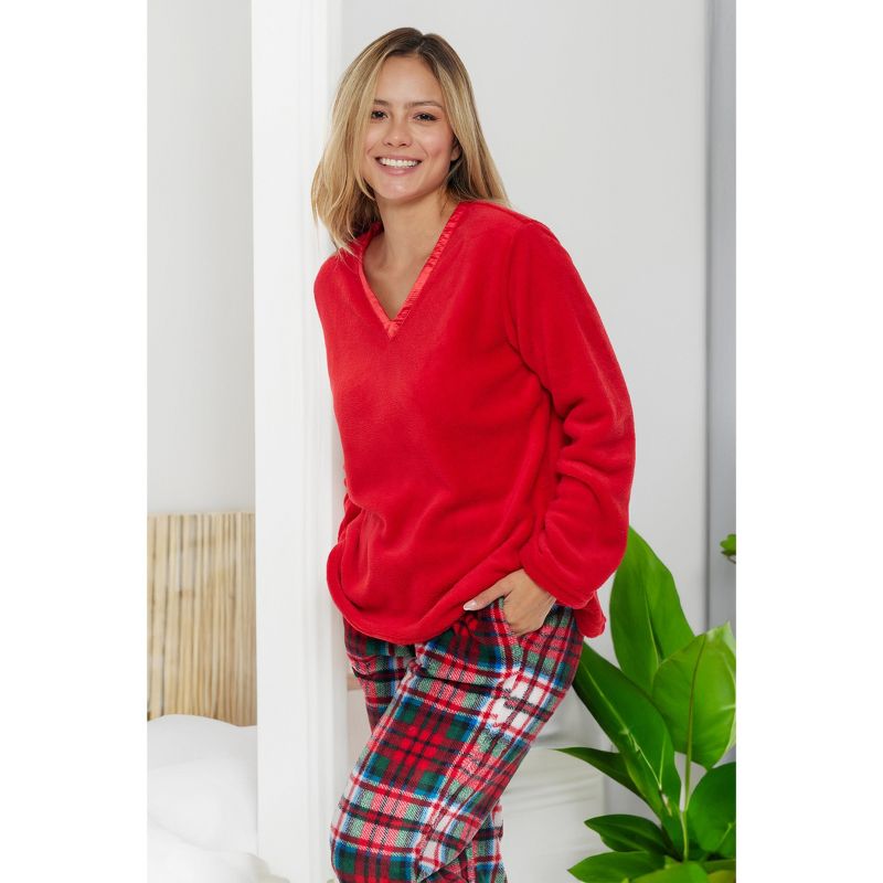 Women's Soft Warm Fleece Pajamas Lounge Set, Long V Neck Top and Pants, PJ, 6 of 9