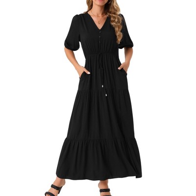INSPIRE CHIC Women's V Neck Half-Sleeve Drawstring Waisted Tiered Slit A-Line Maxi Dress with Pockets