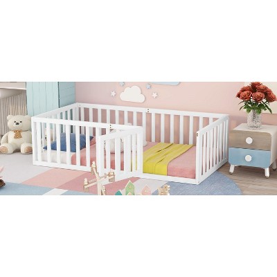 NicBex Twin Size Wood Montessori Bed with Safety Fence,Floor Bed Frame with Door,Modern Toddler Bed for Bedroom,White