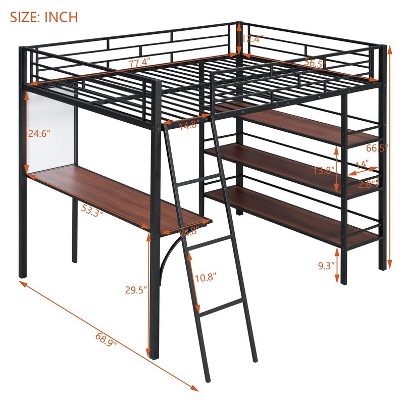 Full Size Loft Metal Bed with 3 Shelves and Desk, Stylish Metal Frame Bed with Whiteboard - ModernLuxe, 3 of 11