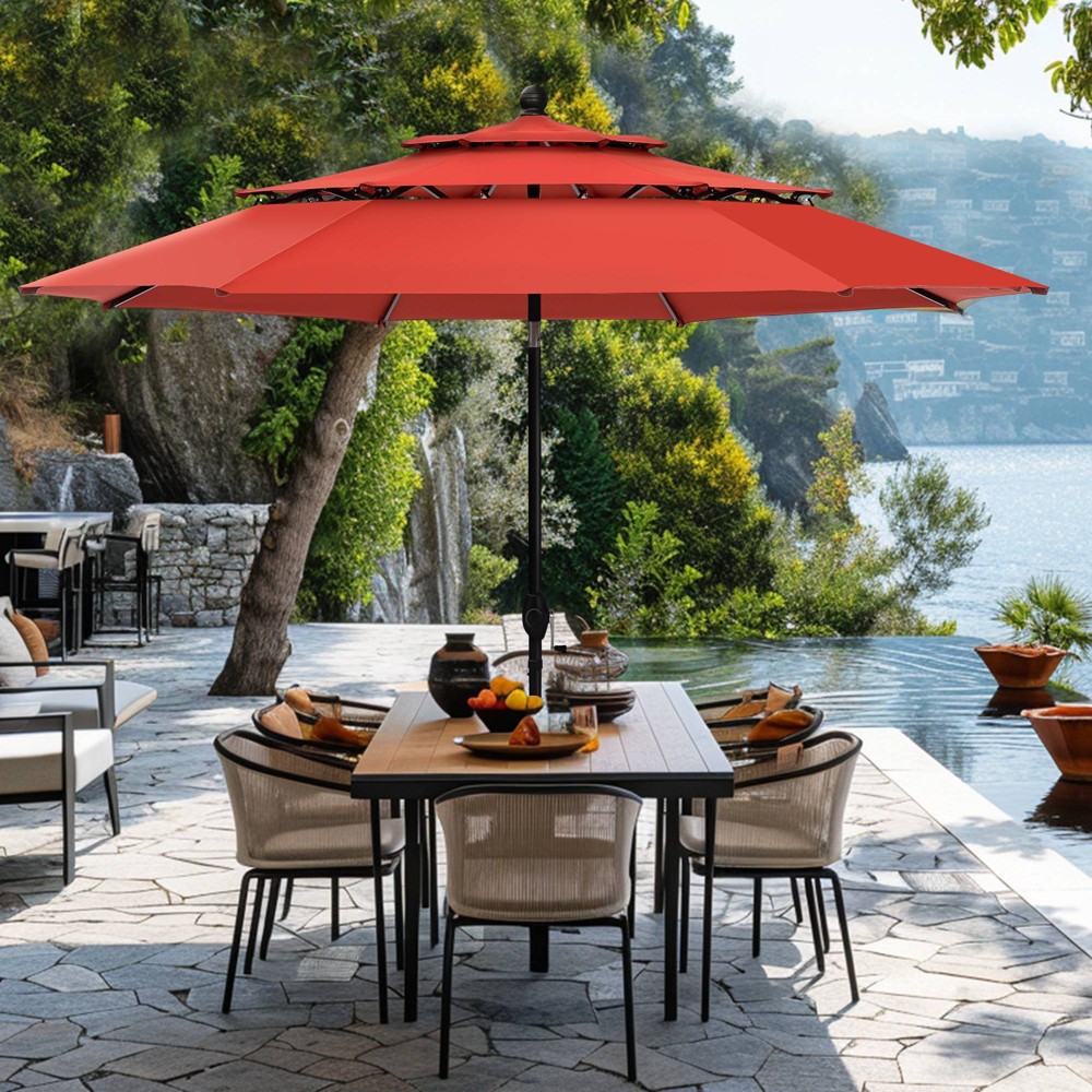 Photos - Parasol Captiva Designs 10' x 10' Outdoor 3-Tier Patio Market Umbrella Red: UV & Water-Resistant, Crank Lift, Steel Frame