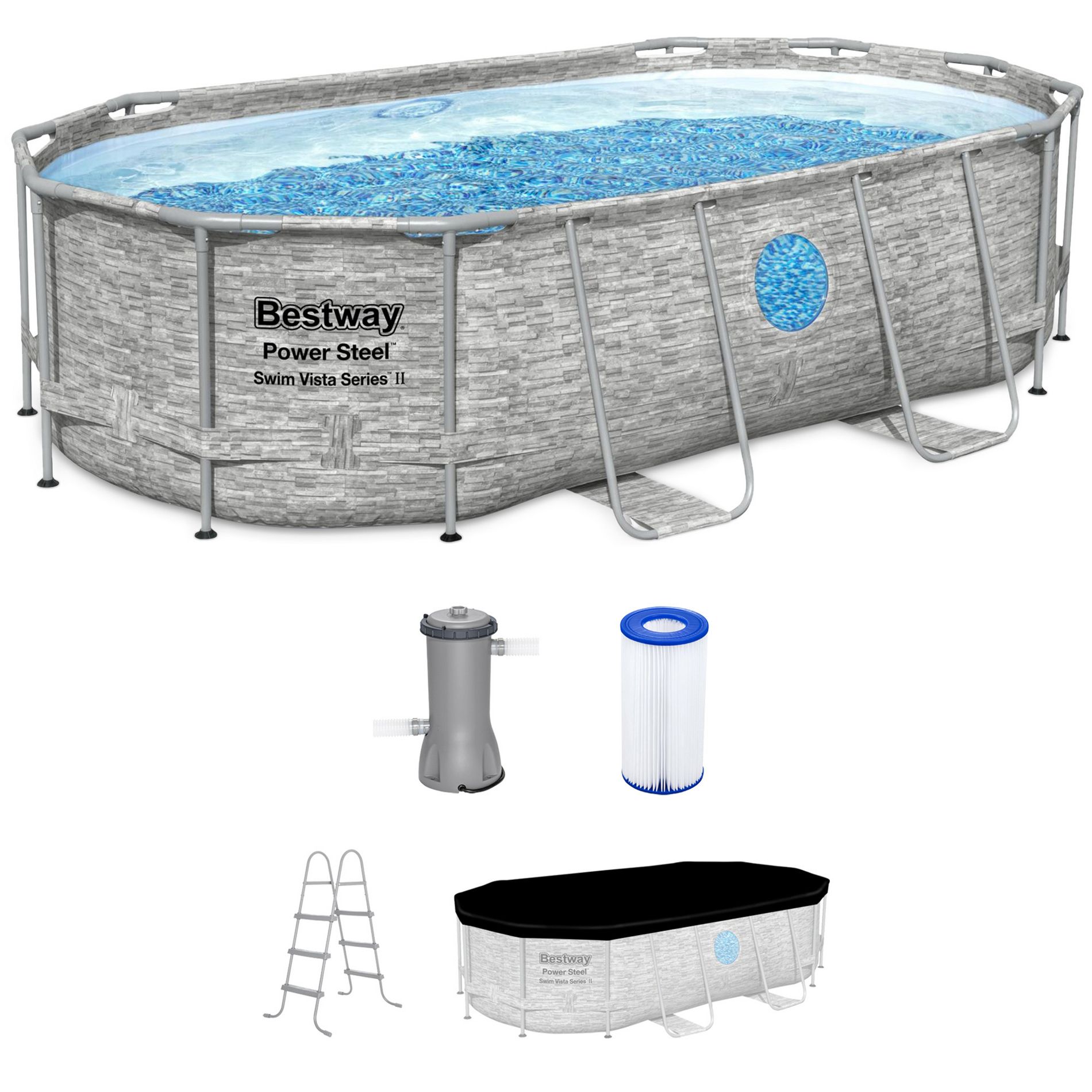 Bestway Power Steel Swim Vista Series II 14'x8' 2"x39.5" Above Ground Outdoor Swimming Pool with 530 GPH Filter Pump, Ladder, and Pool Cover